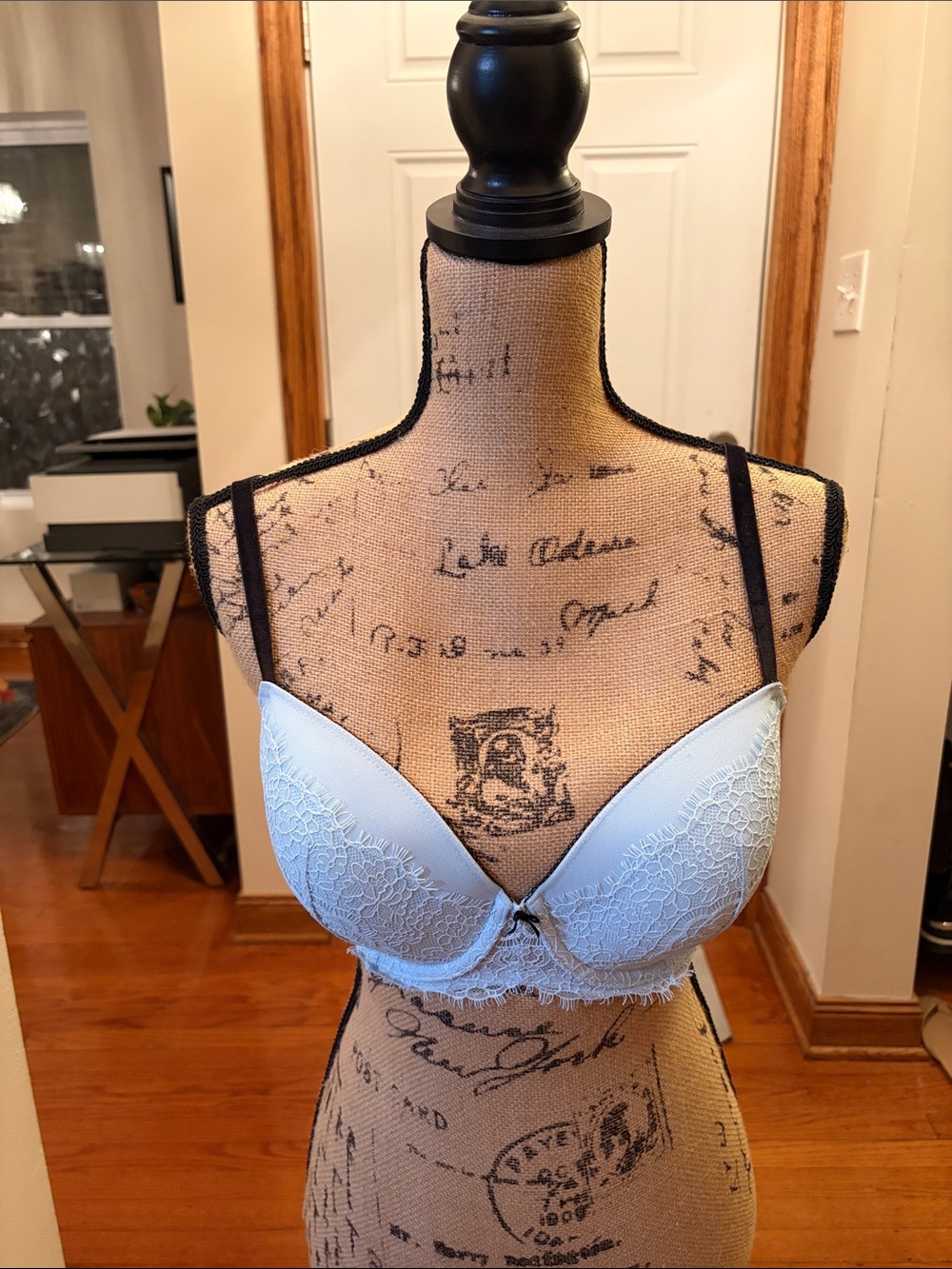 Light Blue Lace Push-Up Bra with Black Straps